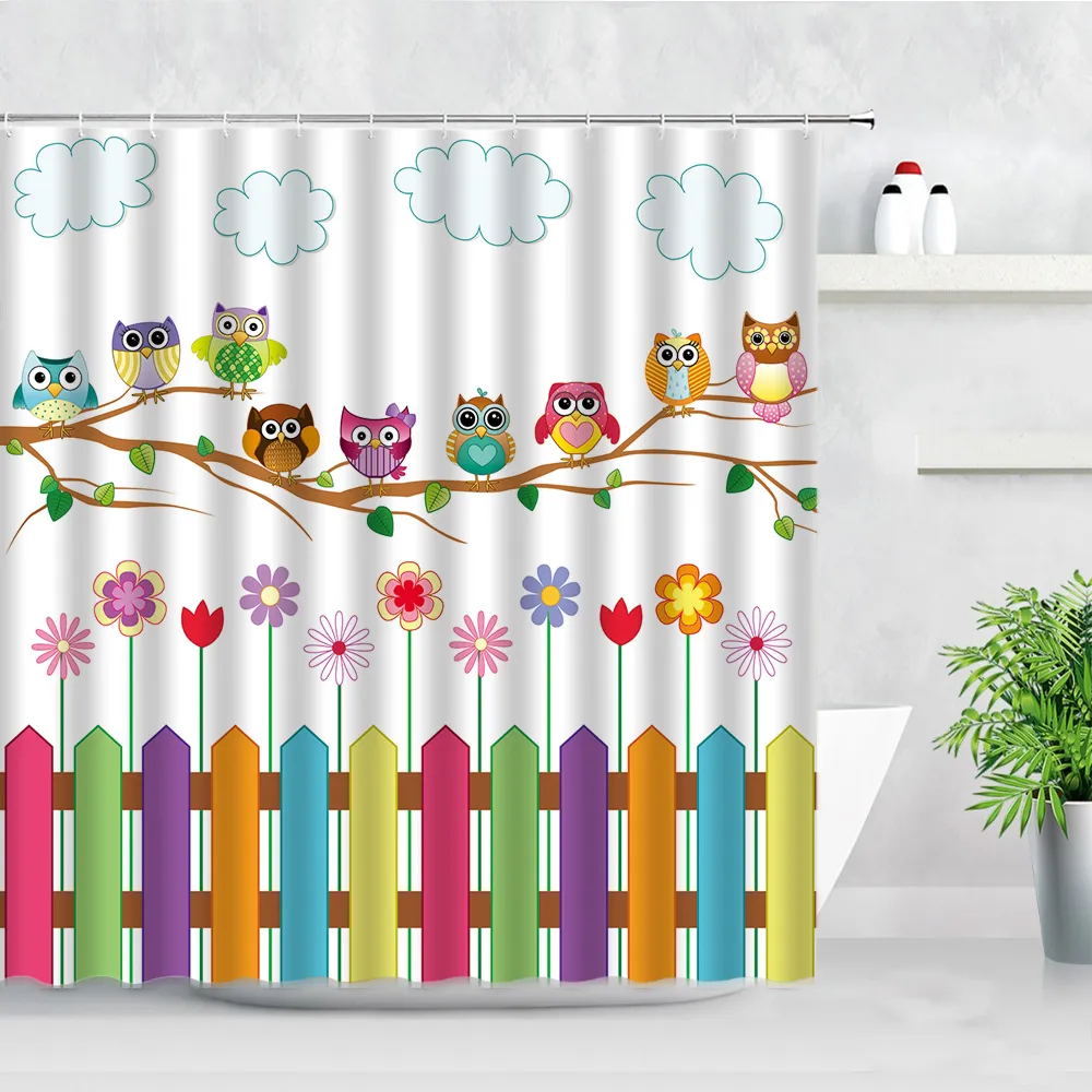 Rideaux de douche mignon hibou dessin animé drôle Animal Panda chat de compagnie fleurs colorées enfants salle de bain décor enfants rideau de bain ensemble crochets 220922