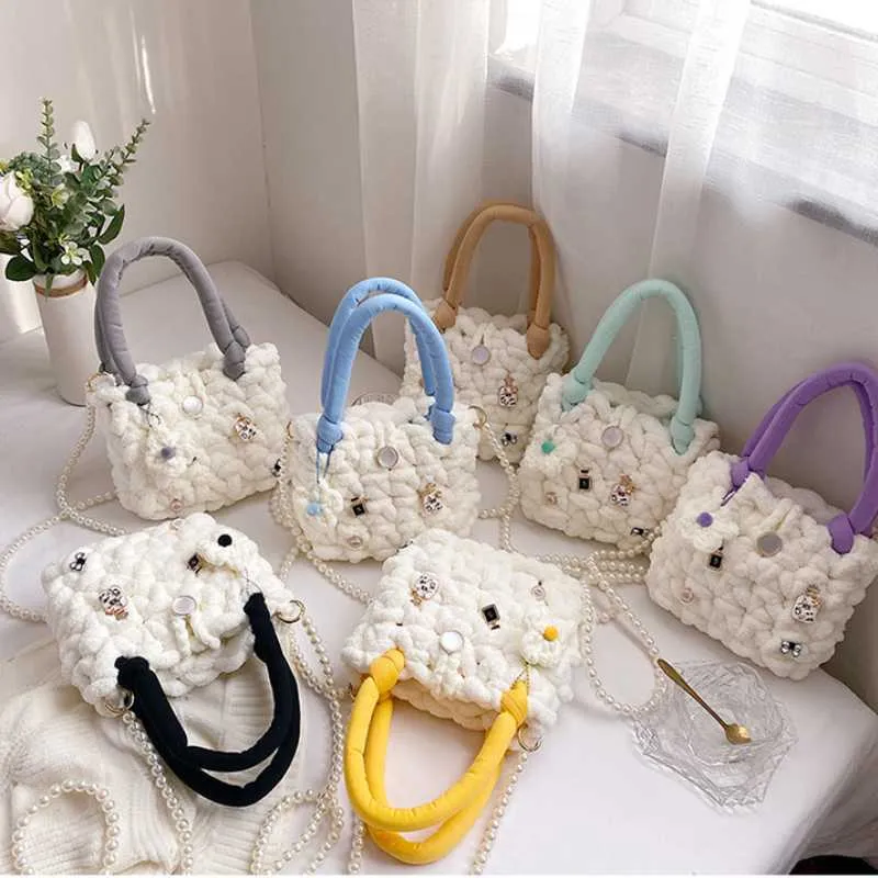 Backpacks Pearl Fashion Bag Girls DIY Woven Cotton Candy Cloud Messenger Small Purses and Handbags for Kids 220924