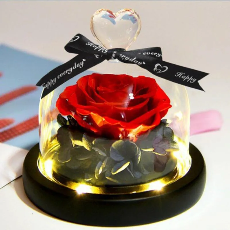 Dekoratif çiçekler el yapımı sonsuza dek çiçek gerçek cam kapak şişesi ile hafif romantik kırmızı gül sevgililer günü hediye doğum günü