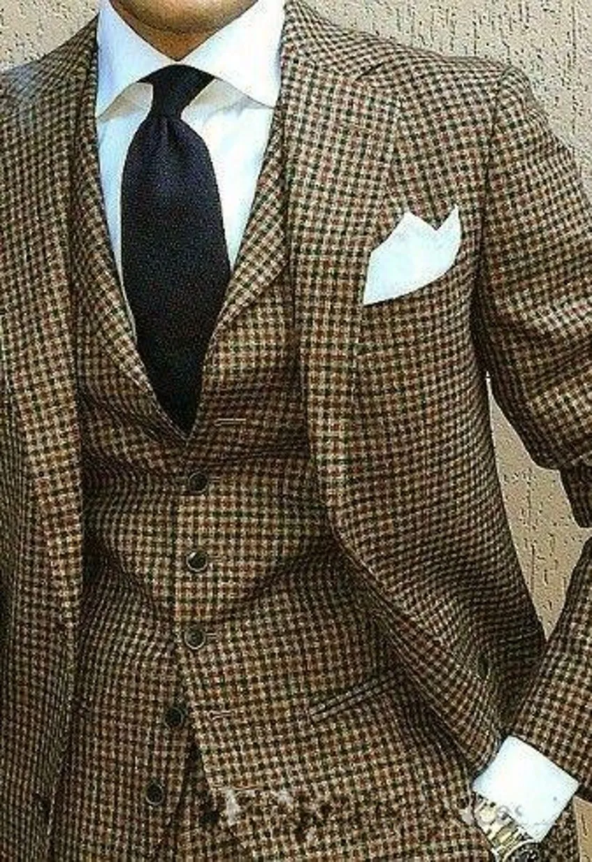 Moda inverno houndstooth menschliches muster tweed noivo smoking notch lapela masculino casamento smoking jantar festa terno