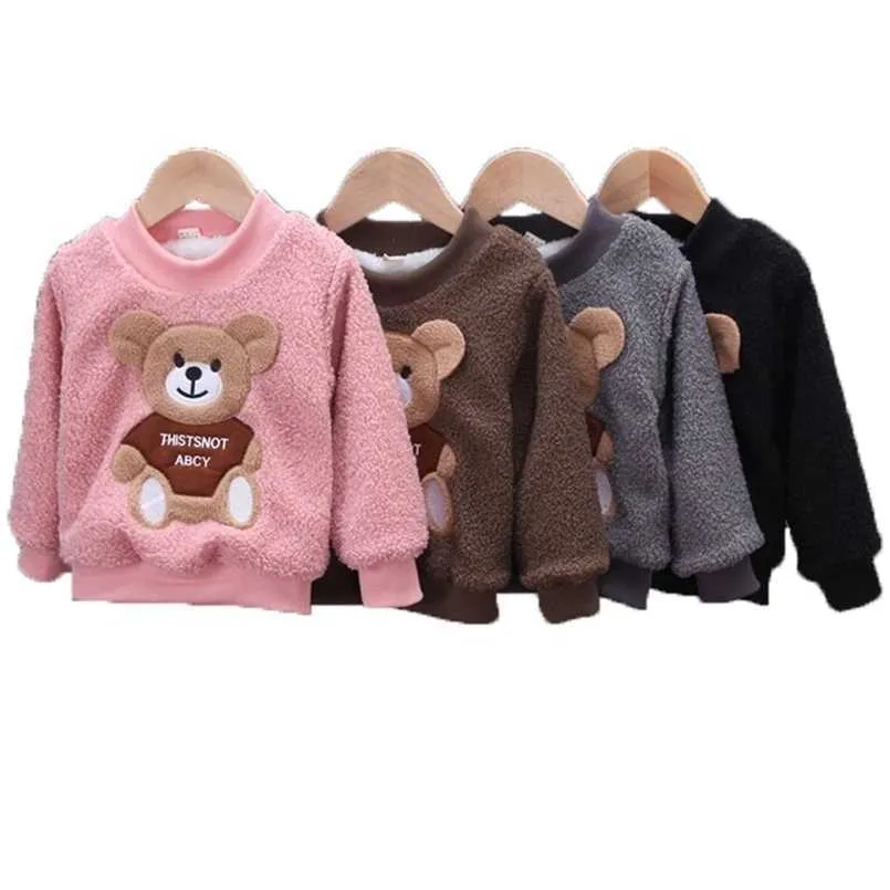 Pullover maluch maluch dla dziewcząt marka bluzy zimowe ciepły płaszcz Tshirt baby jagnięciny wełna gęstwy strój dla dzieci kreskówki niedźwiedzia ubrania 2209924