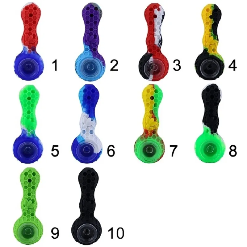 Honeycomb Food Grade Silicone Tabacco Hand Pipe With Glass Bowl Water Bong With Spoon