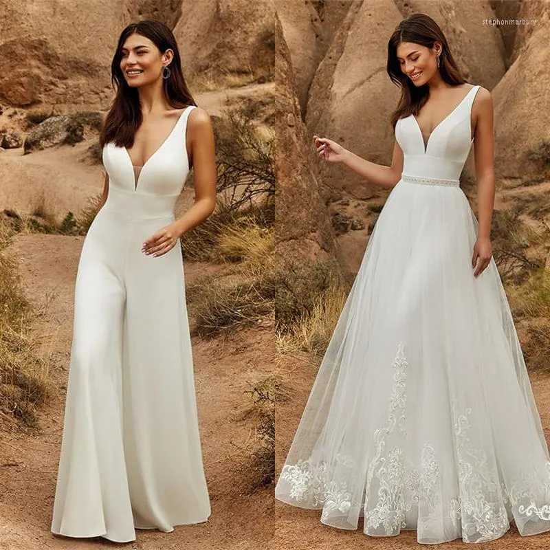 Wedding Dress 2 In 1 Jumpsuit With Detachable Skirt Two Pieces Bridal Dresses Pants Suit For Women Lace Tulle V-Neck Sweep Train