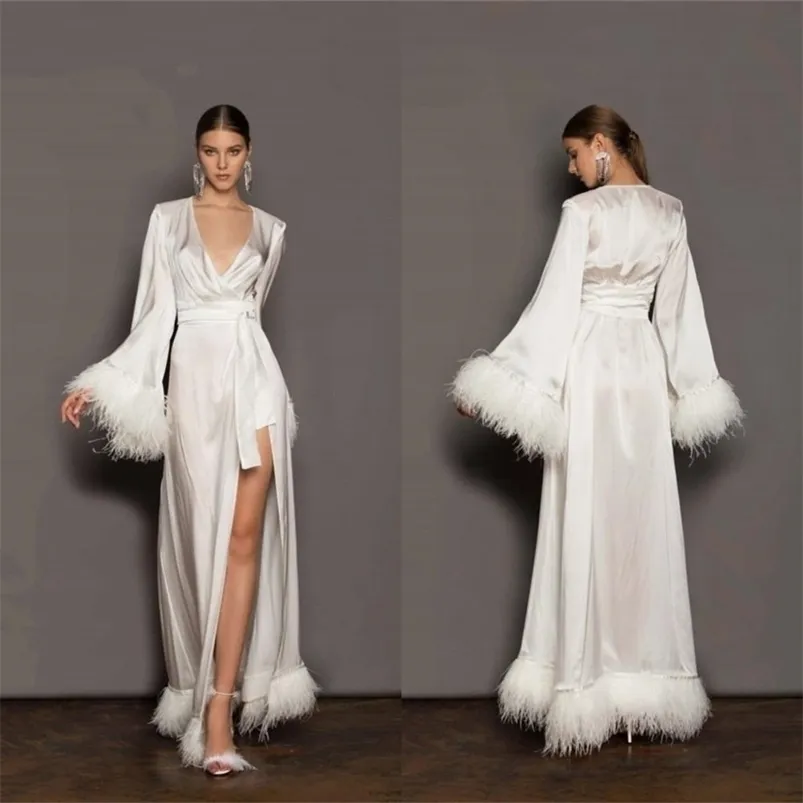 Party Dresses Feather Bridal Bathrobe Long Sleeves Satin Silk Wedding Sleepwear Bath Robes Nightgowns Party Wear Women Dress Kimono 220923