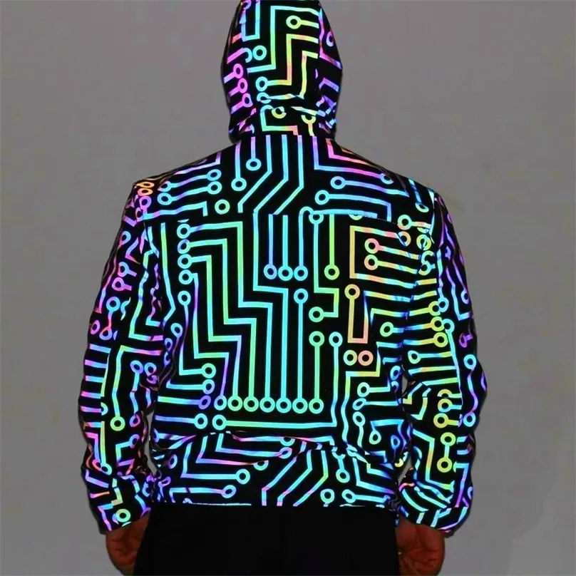 Men's Jackets Men geometric circuit lines colorful reflective jackets hip hop windbreaker men's reflect light casual coats jaqueta masculina 220924