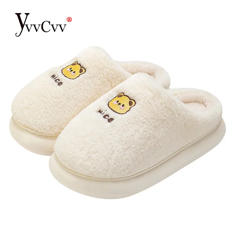 YvvCvv Mignon Fluffy Furry Animal Pantoufles Femmes Hiver Floue Maison Diapositives Doux Mousse À Mémoire Pantoufles En Plein Air Plate-Forme Chaussures 220926