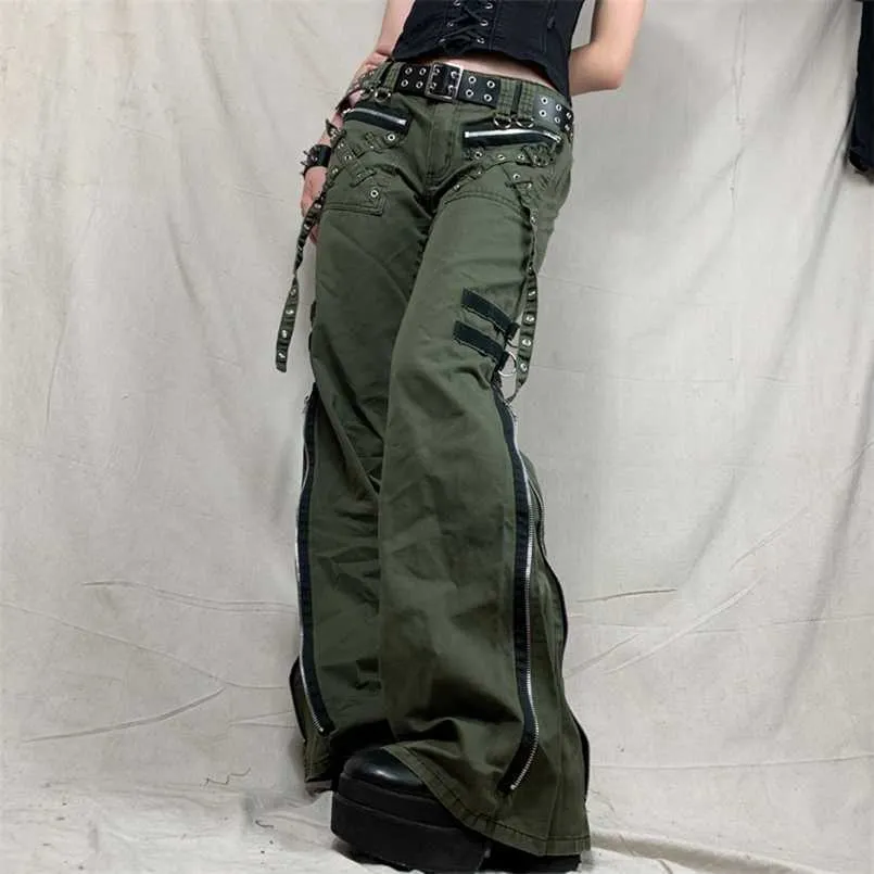 Pantalones de mujer Capris vendaje cintura baja Cargo gótico Punk holgado Retro Kawaii pantalones Grunge verde cremallera Jean coreano pantalones de chándal 220922