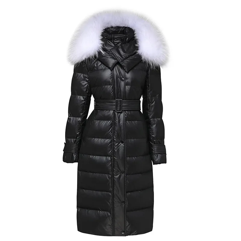Piumino invernale da donna addensato a vita media e lunga con chiusura anatra bianca con lacci e cappotto sottile e caldo