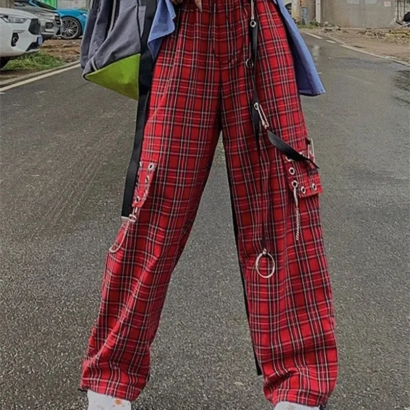 Kvinnor Pants Capris Houzhou Punk Cargo Plaid Women Gothic Harajuku Red Checkered Wide Leg Byxor för kvinnlig Autumn Streetwear Hippie Fashion 220922