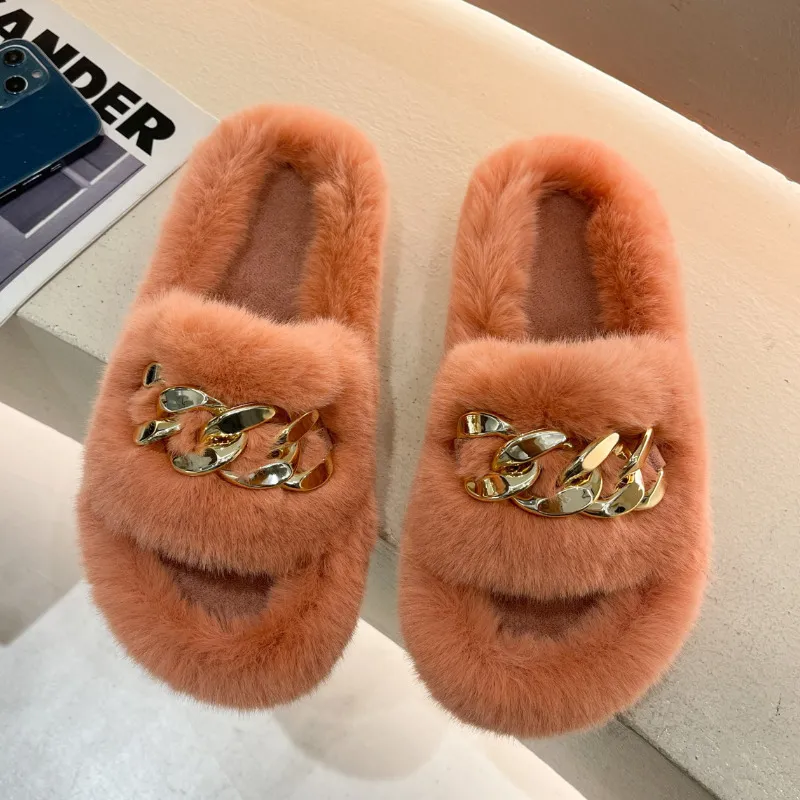 Slippers indoor dames bont slippers pluizige zachte harige glijbanen dikke flats hak niet slip huis schoenen dames luxe ketting ontwerp schoenen 220926