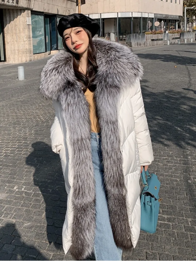 Women s Fur Faux OFTBUY Long White Duck Down Jacket Natural Big Collar Fashion Warm Thick Loose Women Outerwear Streetwear 220926