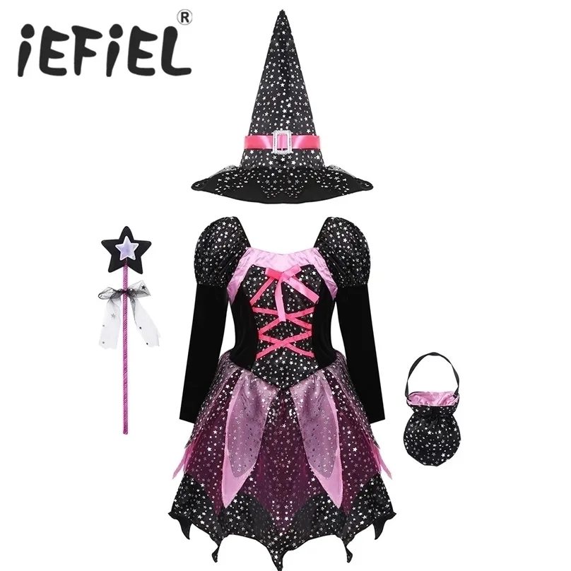 Occasioni speciali Costume da strega di Halloween per bambine, scintillanti stelle argentate, vestito cosplay di carnevale stampato con cappello a punta, bacchetta magica, vestiti 220922