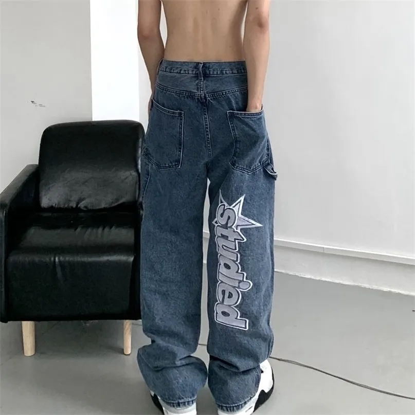 Heren jeans herfst streetwear retro hiphop brief borduur jeans losse rechte pijpen brede pijpen voor mannen en vrouwen koppels 220924