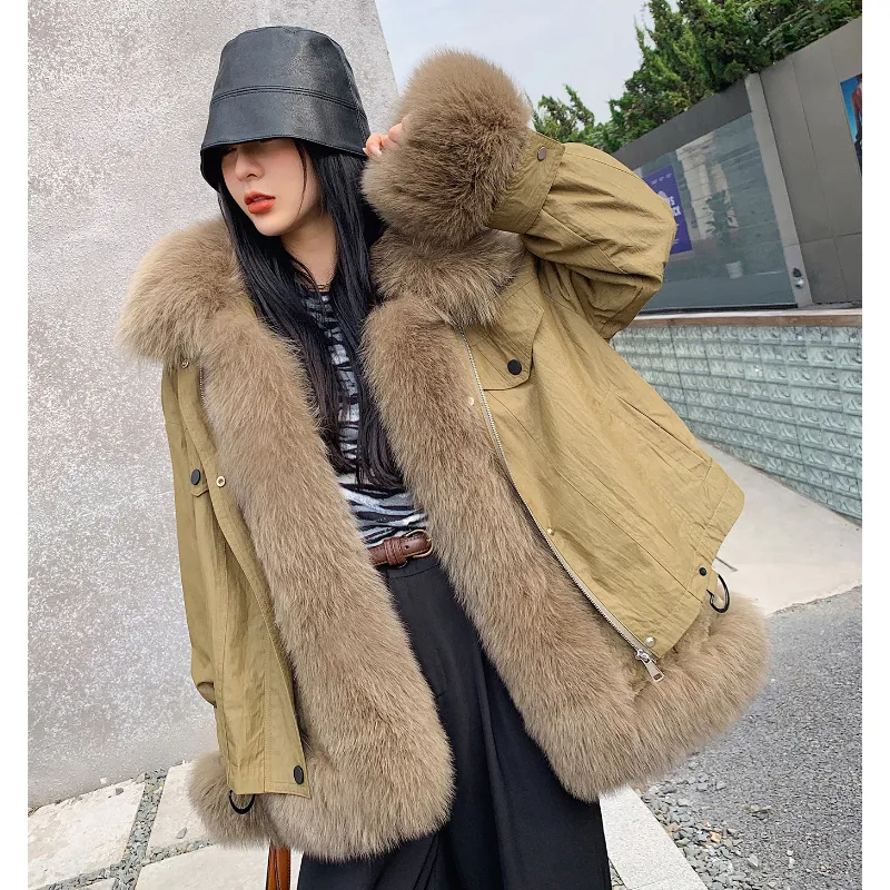 Women s Fur Faux Long Coat Natural Real Collar Rabbit Lining Detachable Parkas Loose Fashion Women Winter Jacket 220926