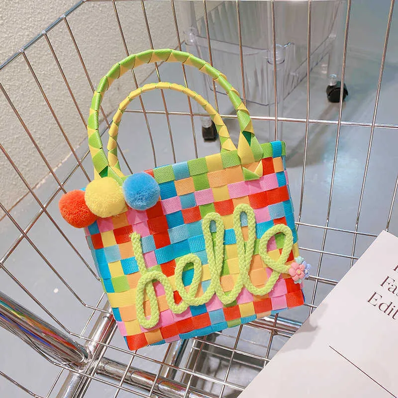 Backpacks Colorful Balls Baby Kids Travel Handbags Summer Children Braided Basket Shoulder Bag Simple Straw Girls Tote Purse Beach Bags 220924