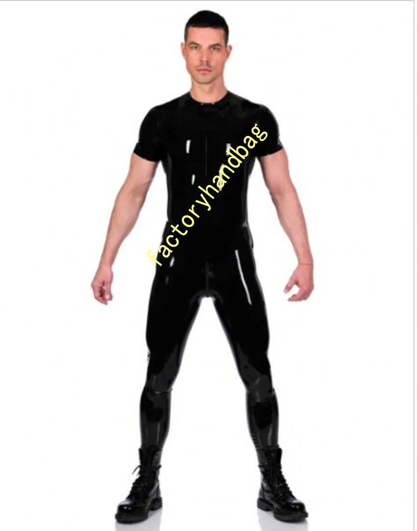 Costumes Catsuit à la mode, body Sexy en Faux cuir PVC, combinaisons à manches courtes avec fermeture éclair à 3 voies au dos jusqu'à l'entrejambe avant