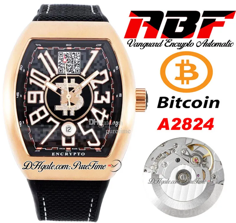 ABF Vanguard Encrypto V45 A2824 Automatische heren Watch Rose Gold Black Dial met Bitcoins Wallet Adres Big Number Nylon Rubber Strap Super Edition Puretime F02C3