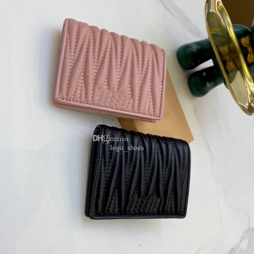 Trendy Women Small Pleated Wallets Photo Holder Coin Pocket Metal Letter Designer Folding Purses With Box