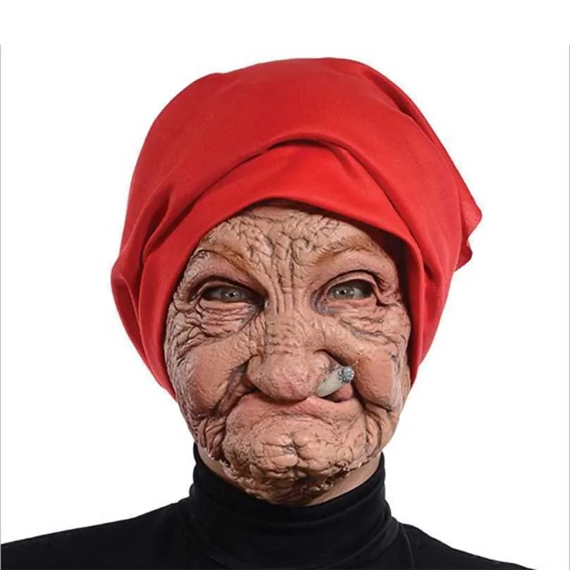 Party Masks Halloween Smoking Old Grandmother Mask Realistic Latex Masks Costume Halloween Cosplay Props 220926