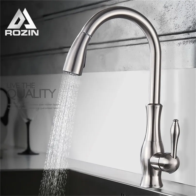 Kitchen Faucets Rozin Brushed Nickel Faucet Pull Out Mixer Tap Single Handle Stream Sprayer Spout Cold Water 220922