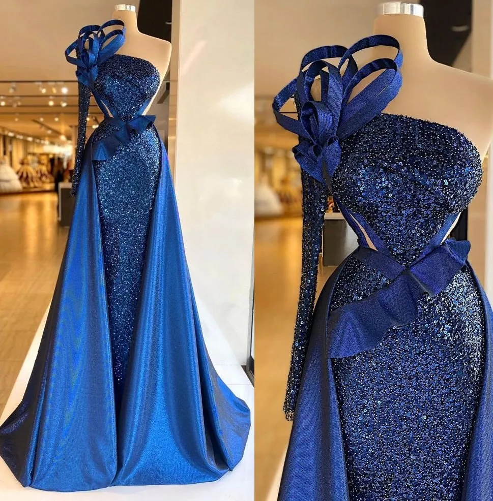 Royal Blue Prom Dresses Sequined with Overskirts One Shoulder Party Dresses Vintage Floor Length Custom Made Evening Dress