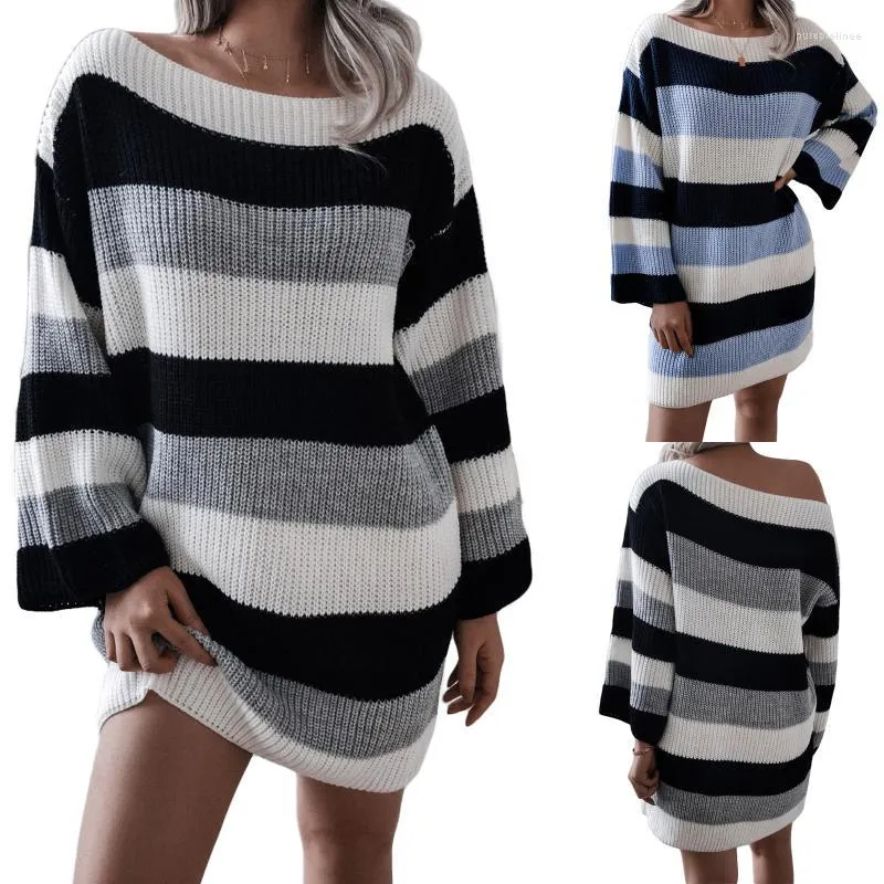 Kadın Sweaters Kadınlar Kadın Omuz Dışı Örgü Elbise Yetişkinler Gevşek Çizgili Örgü Sweater Renk Blok Tekne Boyun Uzun Kollu