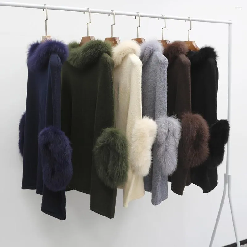 Women's Sweaters Autumn Women Knitted Poncho With Real Fur Collar Cuff Fashion Casual Genuine Wool Warm Pullover Sweater Jumper