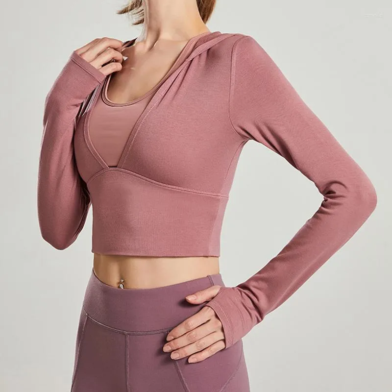 Active Shirts Ly Women Sport Crop Top Pure Color Yoga Hoodie High Elastic Breattable Long Sleeve Sportswear Deportivo Mujer