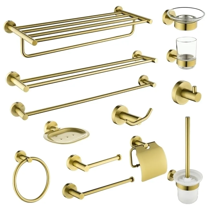 Towel Racks Brushed Gold Bathroom Accessories Toilet Brush Holder Paper Bar Shelf Robe Hook Wall Mounted Soap Dish Ring 220924