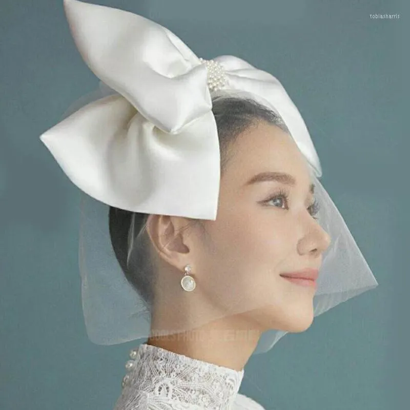 Headpieces Korean Style Wedding Veil Short Tulle Cover Face Ivory Big Bow Bride Veils Dress Accessories Headband