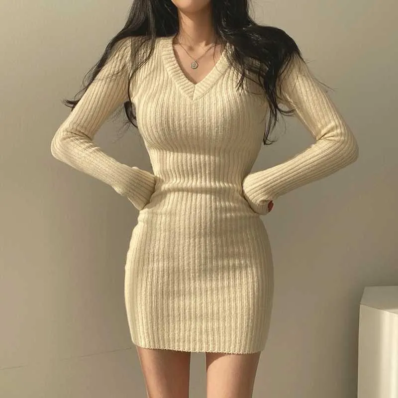 Casual Dresses Dresses For Women 2022 Sexy V Neck Slim Ribbed Sticked BodyCon Dress Women Korean Winter Long Sleeve Mini Sweater Dress Y2209