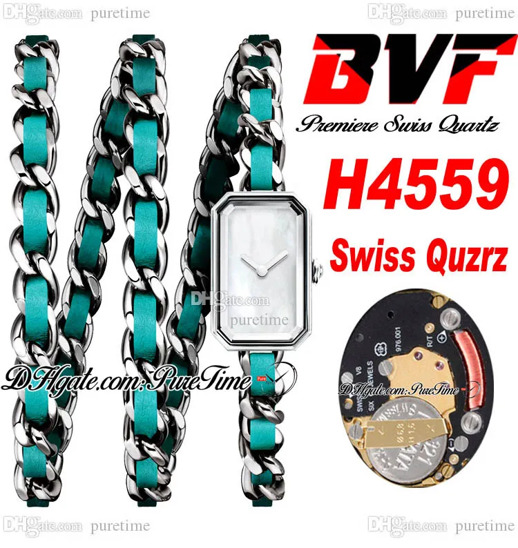 BVF Premiere H4559 Swiss ETA Quartz Ladeise Watch Rosck Pop Boîtier en acier turquoise Cadran MOP Bracelet en cuir entrelacé Super Edition Montre pour femme Puretime B2