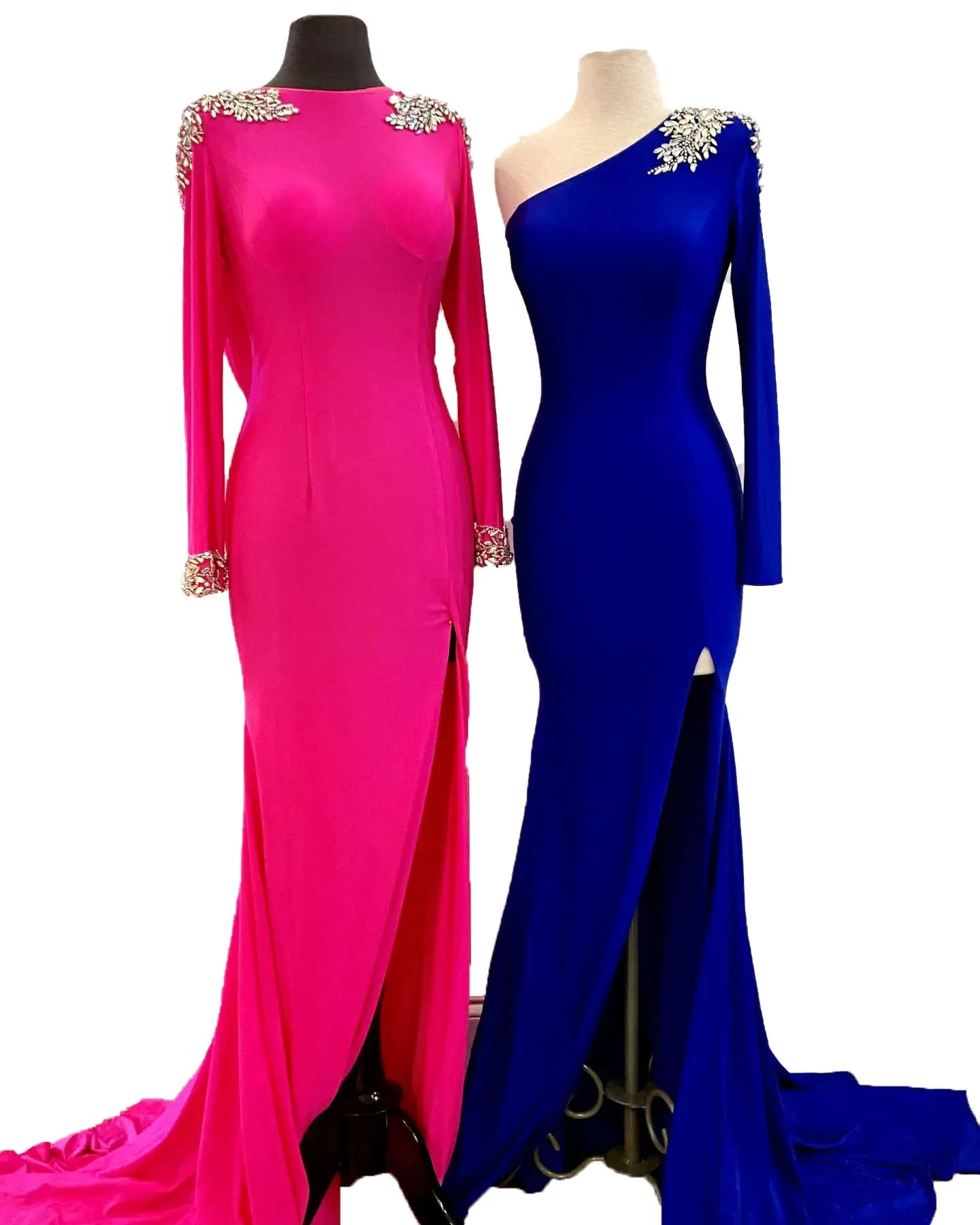 Hot Pink Prom Dress 2k23 AB Stones Long Sleeve Stretch Lycra Side Leg Slit Sweep Train Met Gala Pageant Gown Cowl Back Evening Wedding Party Hoco Royal Blue One-Shoulder