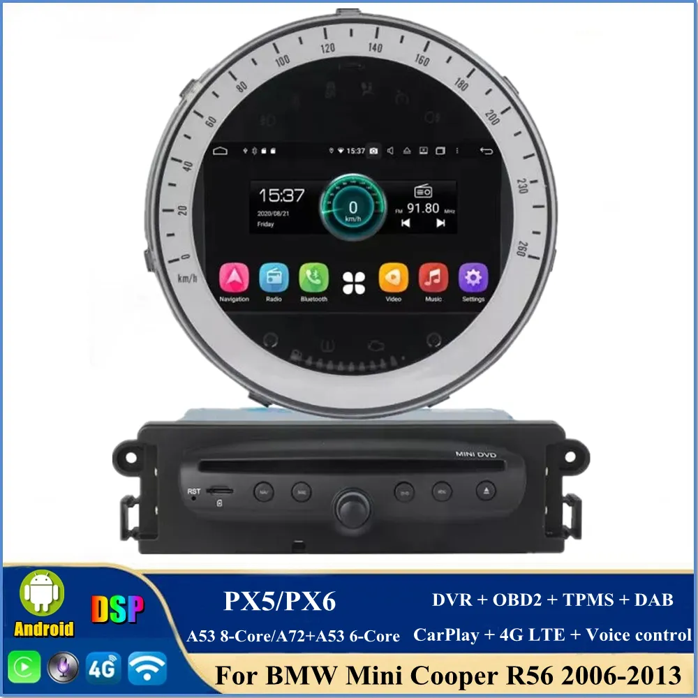 Android 10.0 PX6 Cortex A72 64G ROM Autoradio GPS Navigation Radio for BMW  Mini Cooper R56 2006-2013