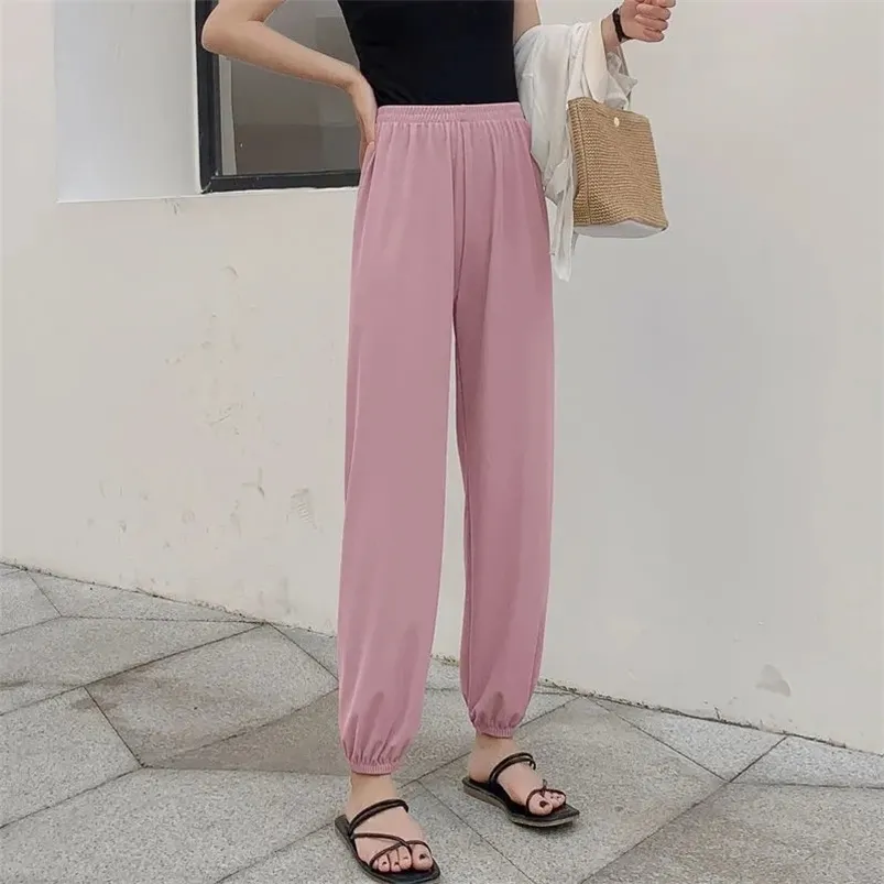 Pantaloni da donna Capris Rimocy Casual larghi Harem Pantaloni estivi elastici a vita alta Donna Comodi lunghi in seta di ghiaccio da donna 220922