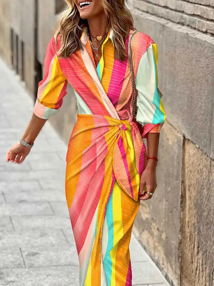 Robes de soirée Bureau dame contraste couleur revers chemise robe printemps élégant cravate irrégulière robe de soirée femmes à manches longues Boho Maxi robe Mujer T220930