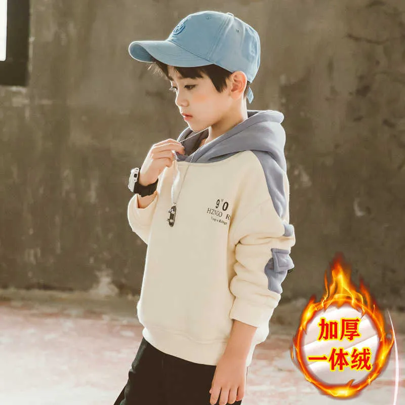 Pullover Boys Fleece Sweatshirt Fashion Letter Print Hooded Children S Clothing Winter Thick Warm Patchwork Tops 8 10 12 14y 220924