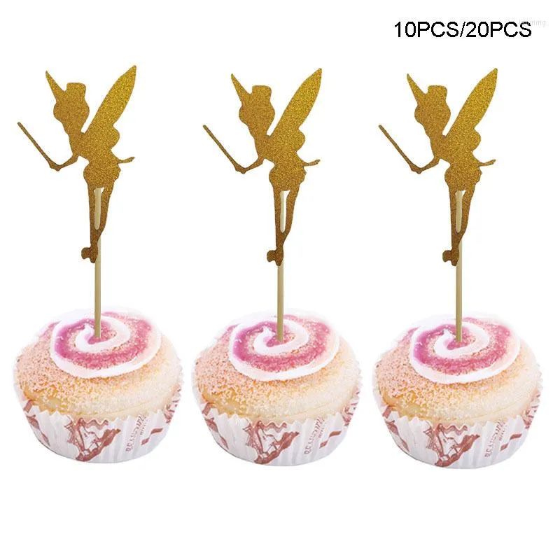 Feestbenodigdheden 10/20 stcs Flower Fairy Cake ingevoegde kaart Angel Verjaardag Topper Glitter Paper Pick bruiloft Baby shower Diy Decor