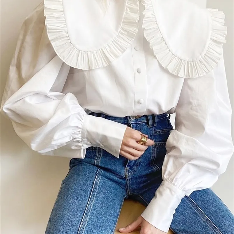 القمصان البلوزات النسائية Mnealways18 Big Peter Pan Collar Bluse Blouse Long Sleeve White Cotton Tops Female Spring Summer Frill Shirt 220923