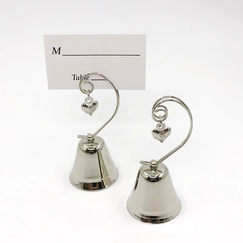 50PCS Wedding Favors Charming Chrome Bell Place Card/Photo Holder with Dangling Heart Charm Party Table Name Cards Clips