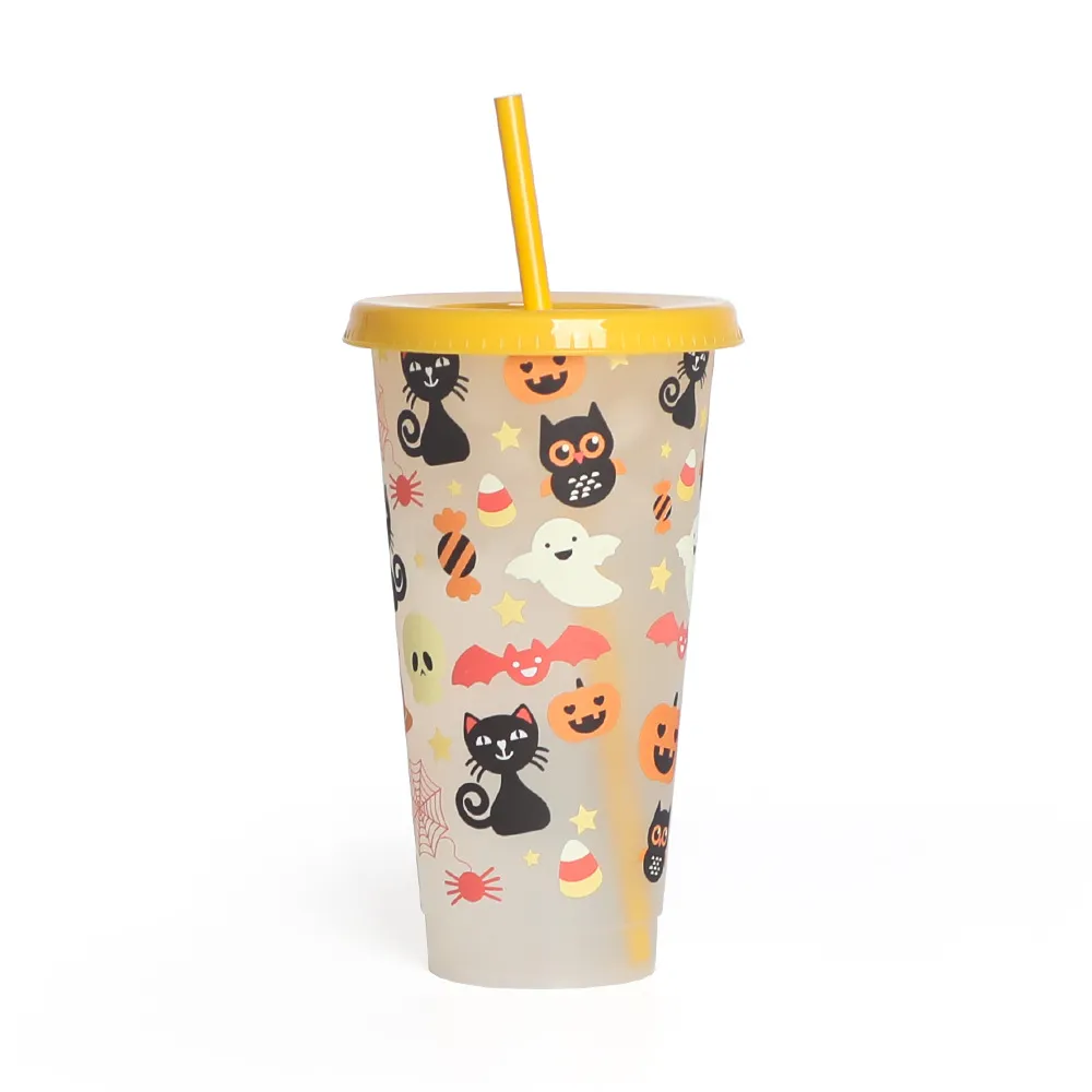 12 Bicchieri Di Halloween In Plastica Con Cannuccia E Coperchio, Design Fantasmi Carini, 24 Oz, Per Feste E Bomboniere - 2