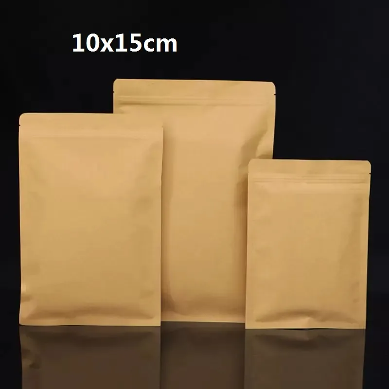 Custodia per alimenti in carta kraft foderata in foglio piatto con cerniera Confezione in carta stagnola Snack Caramelle Caffè macinato Noci Semi di tè Conservazione dei regali 10x15 cm