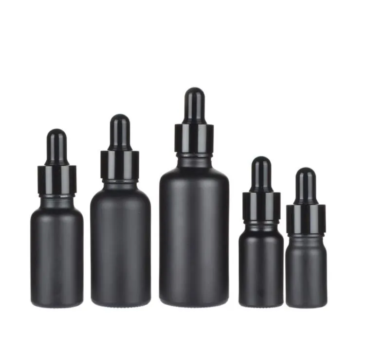 Bouteilles d'huile essentielle en verre noir mat Flacon compte-gouttes avec capuchon en aluminium anodisé brillant 5 ml 10 ml 15 ml 30 ml 50 ml 100 ml SN4903