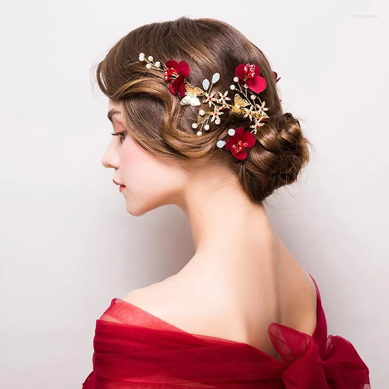 Coiffures GH0101B Coiffure de mariée Toast Vêtements Accessoires de cheveux Rouge 2022 Rose Fleur Bijoux Mariage Chinois