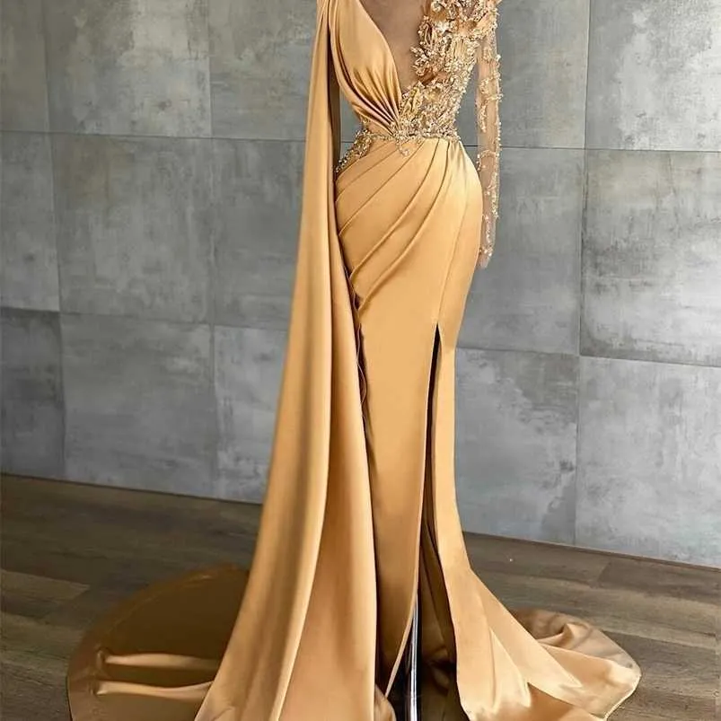 Abiti da festa BridalAffair Oro Sirena Collo Applique in pizzo Manica lunga Abito da ballo Perline Ragazza nera Abito da sera africano robe de 220923