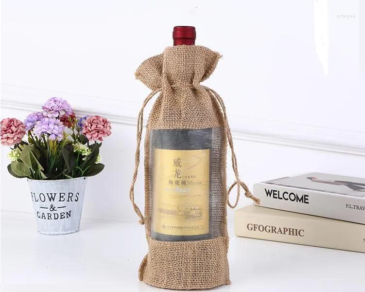 Gift Wrap Natural Jute Burlap Wine Bottle Bag Window Champagne Packaging For Guest 14x30cm SN2745