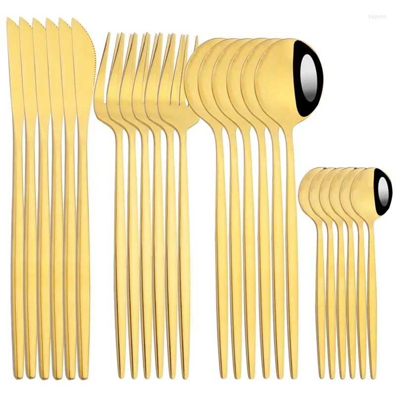 Flatware Sets AJOYOUS 24Pcs Gold Cutlery Mirror Stainless Steel Knife Coffee Spoon Fork Dinnerware Kitchen Dinner Silverware Set