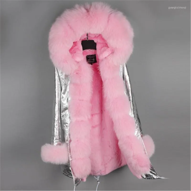 Damen Trenchcoats 2022 Silbermantel Winterjacke Frauen Parka Echtpelzkragen mit Kapuze Natürliche dicke warme Liner Parkas