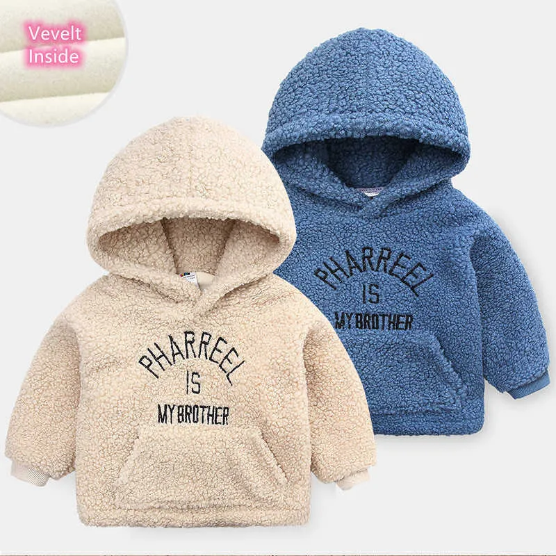 Pullover Autumn Winter 3 4 6 8 10 12 Years Child Sport Pocket Color Letter Plus Velvet Polar Fleece Hoodies för Baby Kid Boy 220924