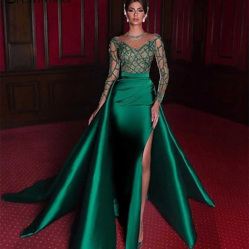 Party Dresses Elegant Mermaid Evening Dresses Emerald Green Formal Dress Full Long Sleeves Satin Sexy Slit Beads Party Prom Gowns 220923